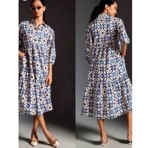 Anthropologie Geometric Blue and White Midi Dress